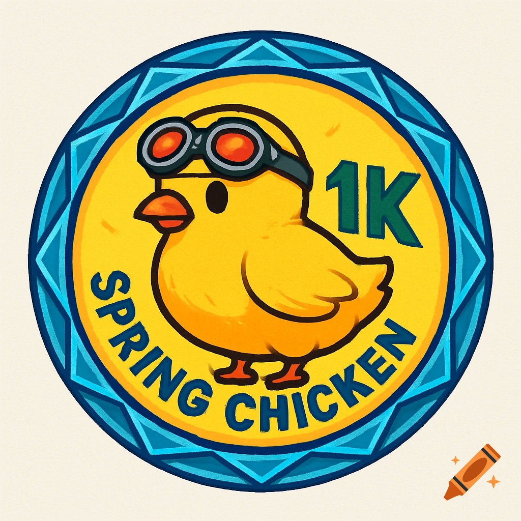 Cartoon badge with chick in goggles, '1K' and 'SPRING CHICKEN' text, blue geometric border.