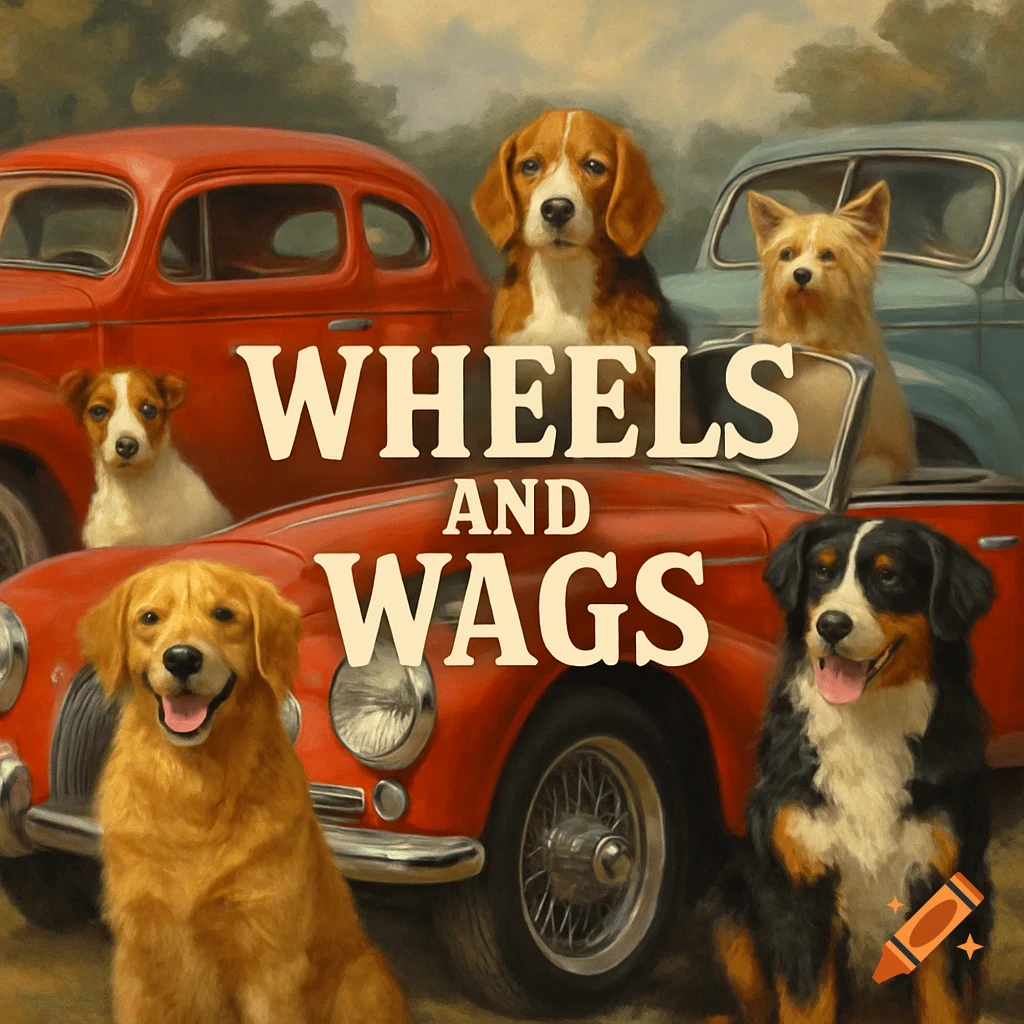 Several dogs among classic red and blue cars with the text 'Wheels and Wags' in a painting style.