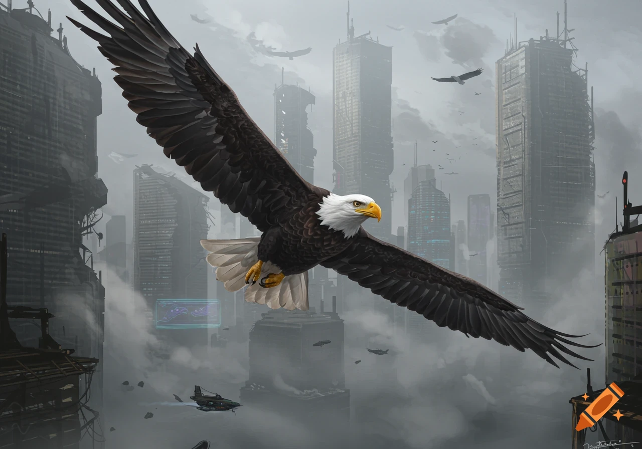 A large eagle flies over a ruined dystopian city.