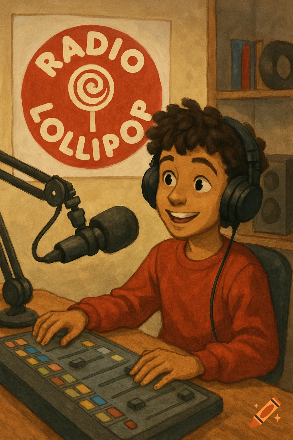 An illustration of a young person with headphones at a radio station mixing board with a 'RADIO LOLLIPOP' sign.