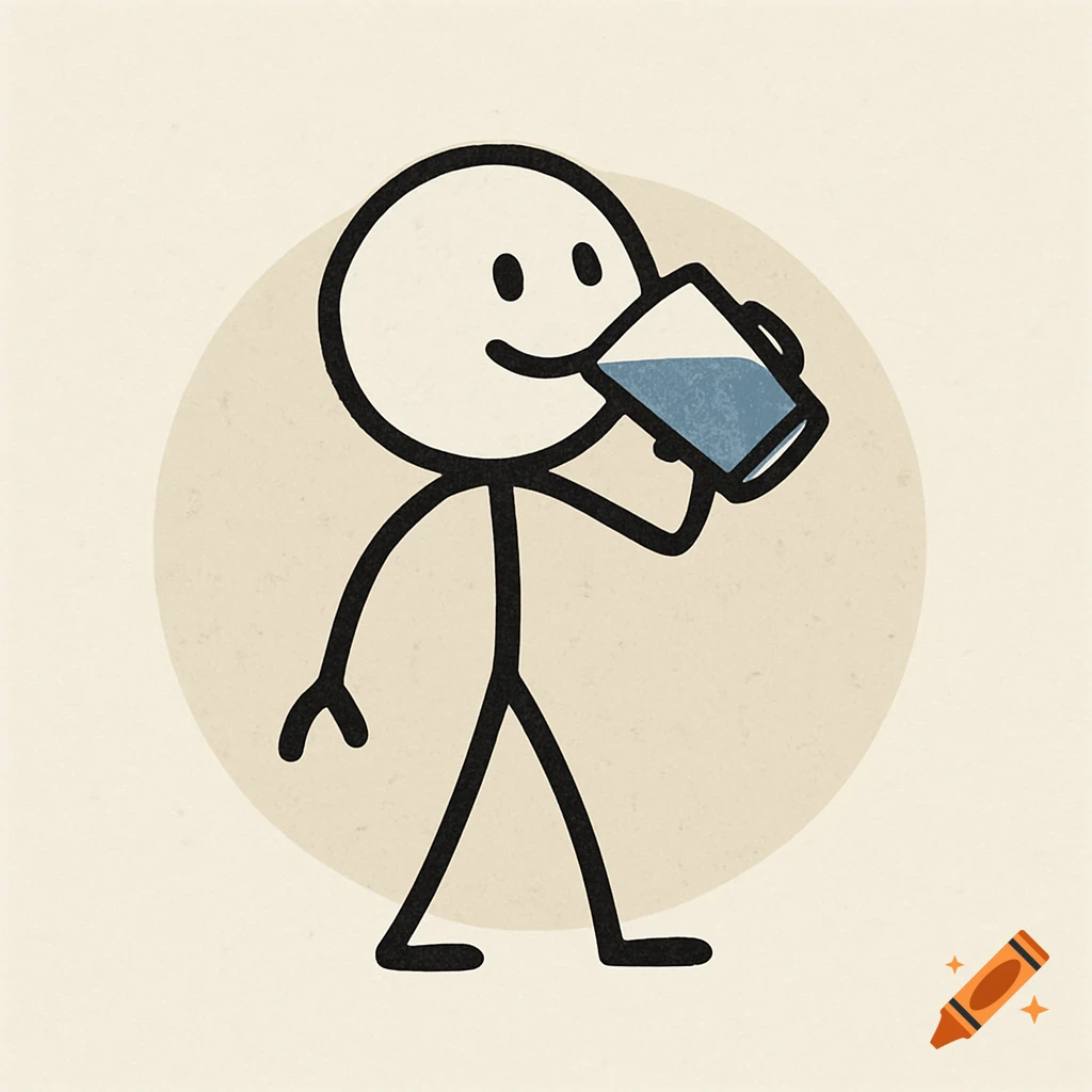 A simple stick figure drawing of a character drinking water from a glass.