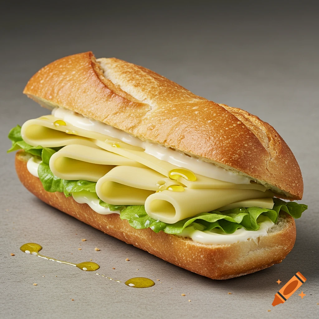 A close-up photorealistic image of a sandwich made with French bread, lettuce, and cheese, with mayonnaise and drops of olive oil.