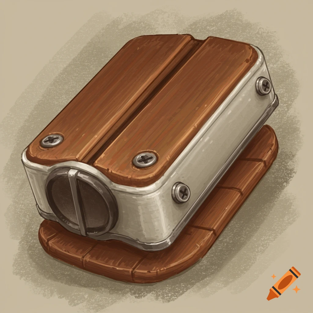 An illustration of a rectangular object with wood and metal parts, possibly a tool or device.