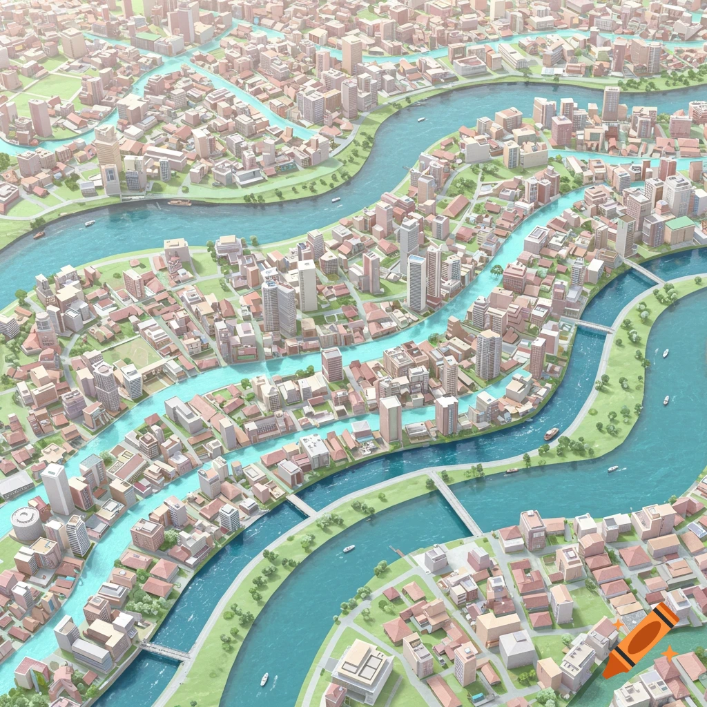 Aerial view of a stylized city template with winding rivers replacing ...