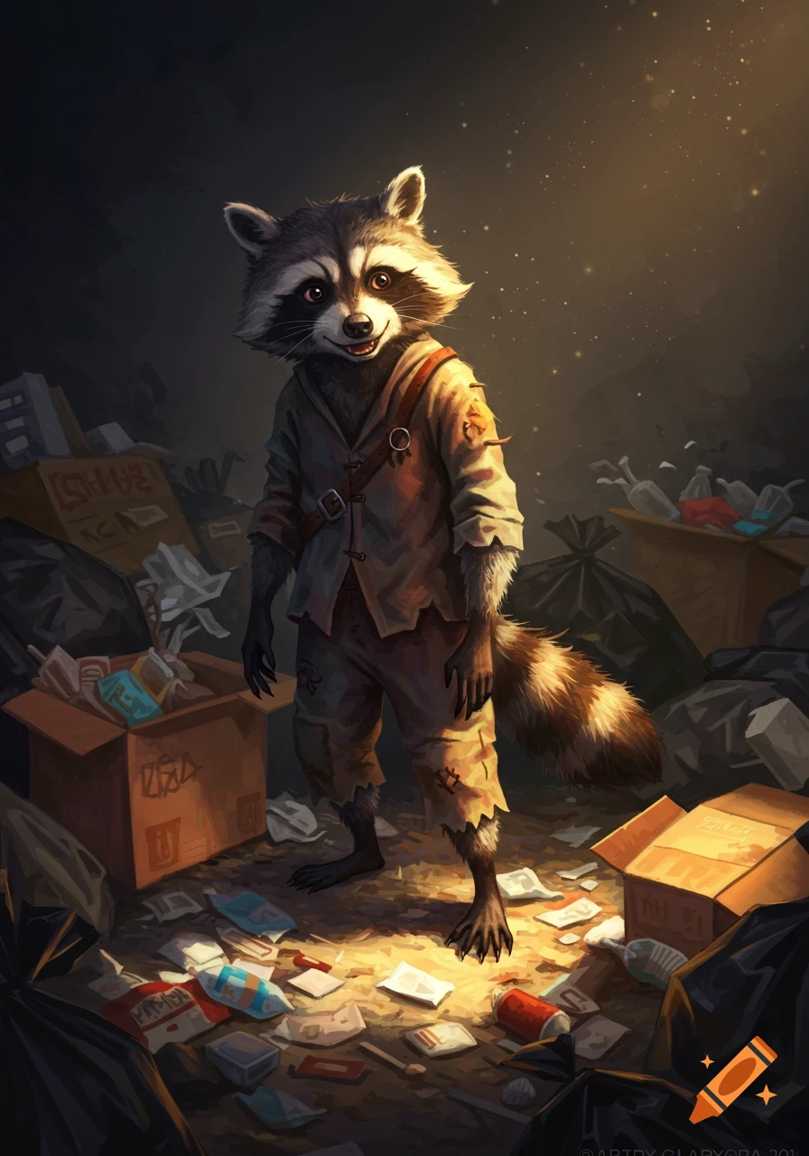 Fantasy illustration of a standing raccoon creature in ragged clothes in a garbage dump with dramatic lighting.