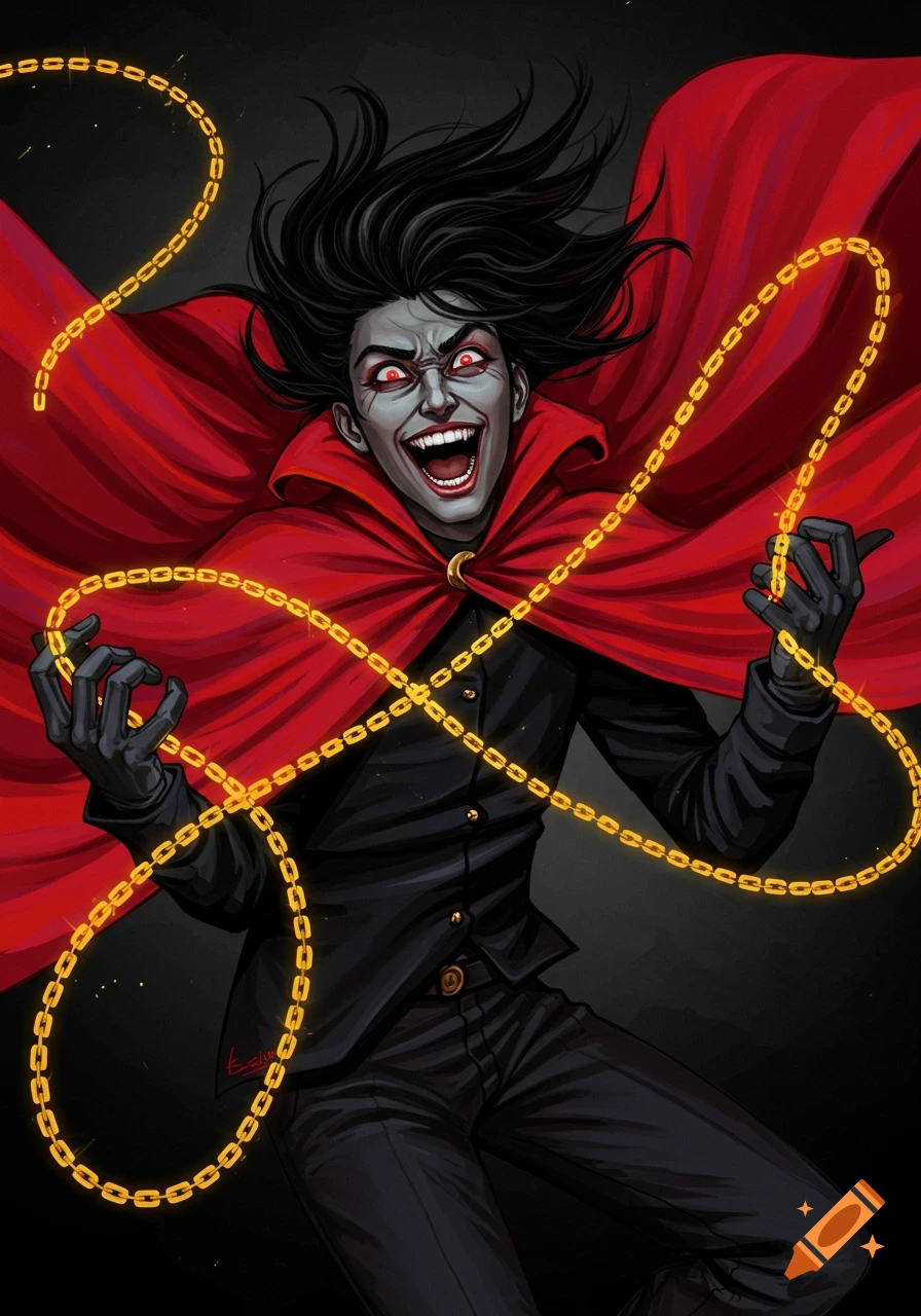 Illustration of a crazed character in a red cape with golden chains.