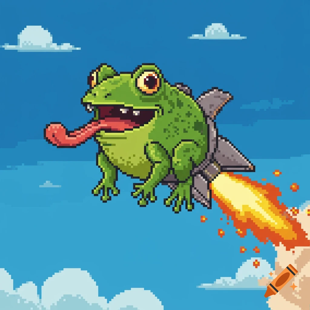 Pixel art illustration of a green frog riding a rocket through a blue sky.