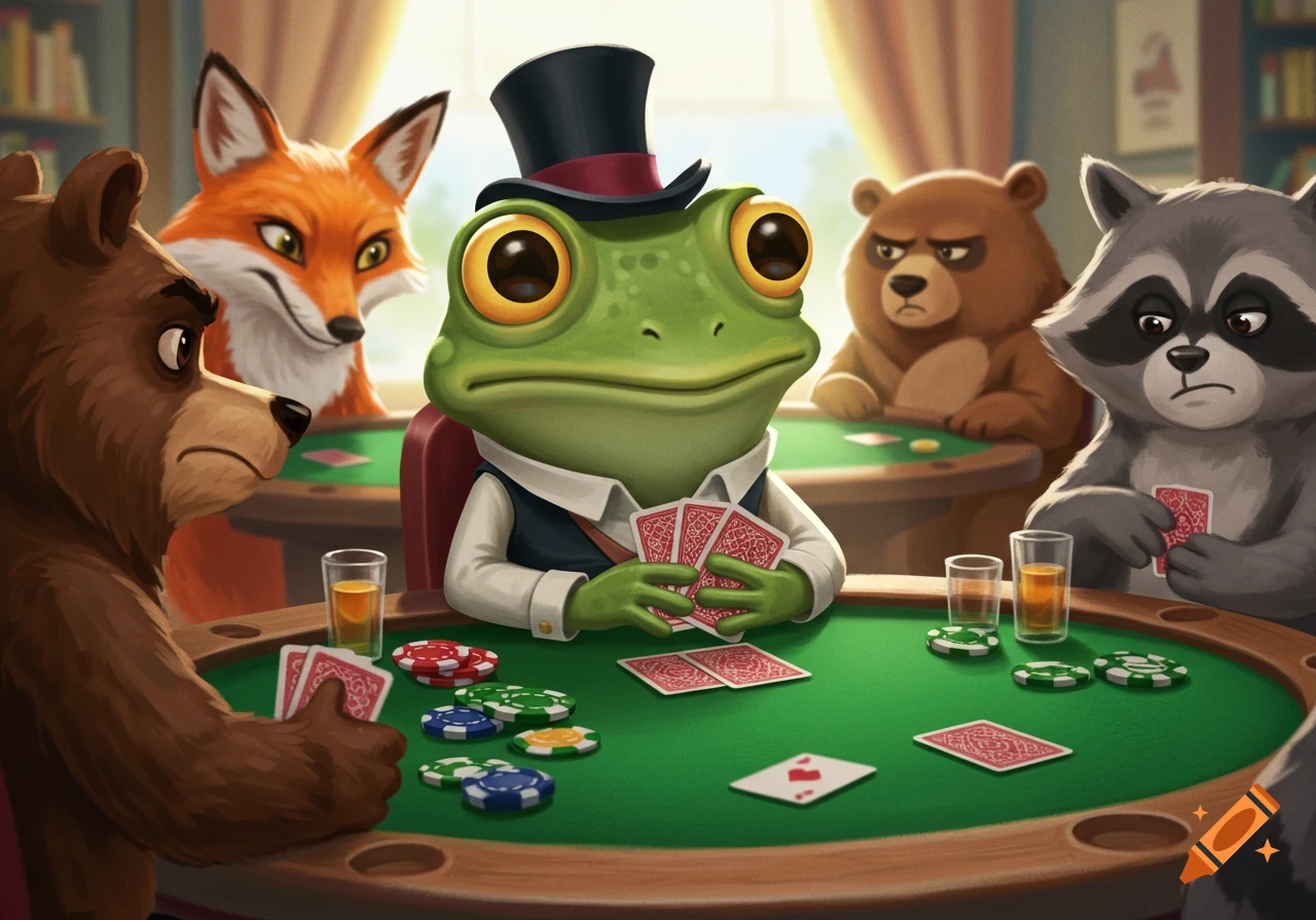 Cartoon frog and animals playing poker at a table