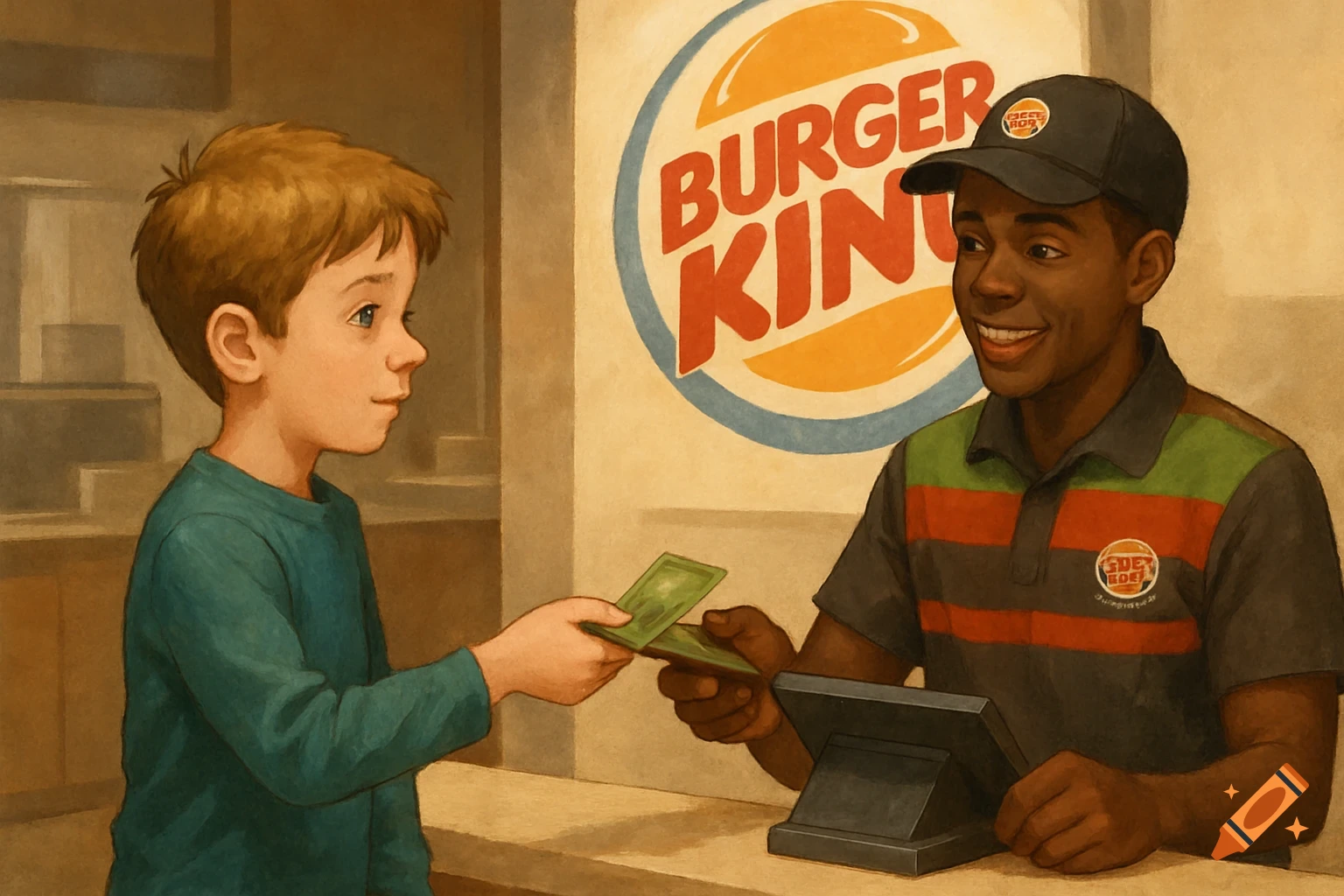 Illustration of a boy paying a cashier at Burger King.