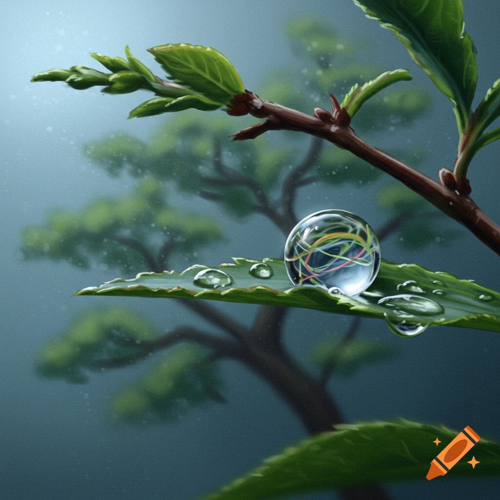 A close-up of a dewdrop on a green leaf, with a blurred tree in the background, photorealistic.