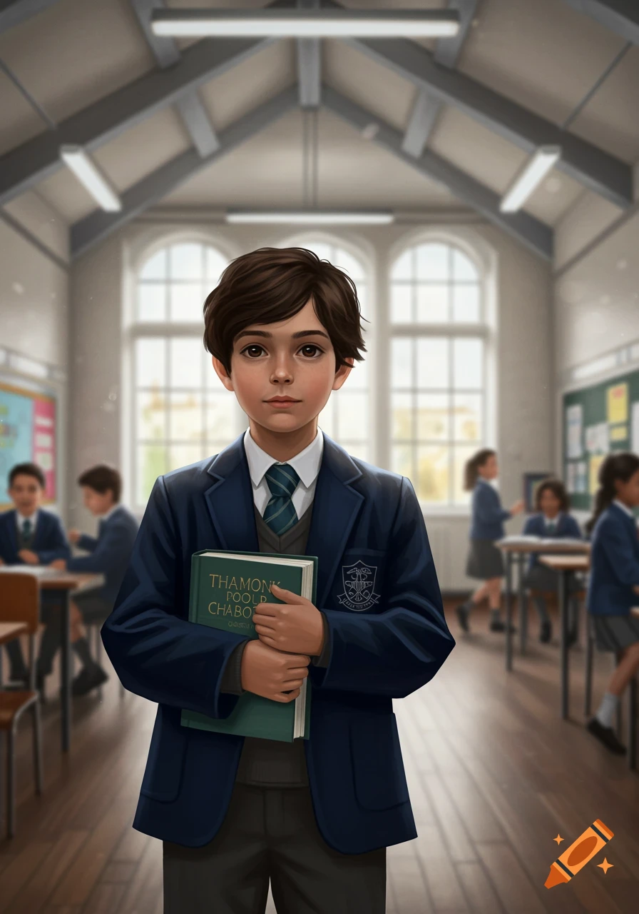 Illustration of a boy in a school uniform holding a book in a classroom.