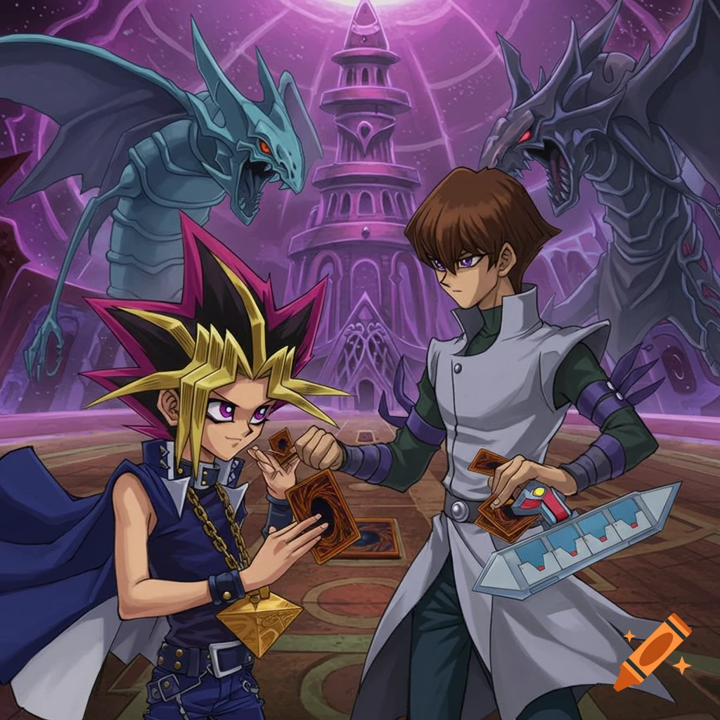 Yugi and Kaiba duel with monsters in a fantasy arena