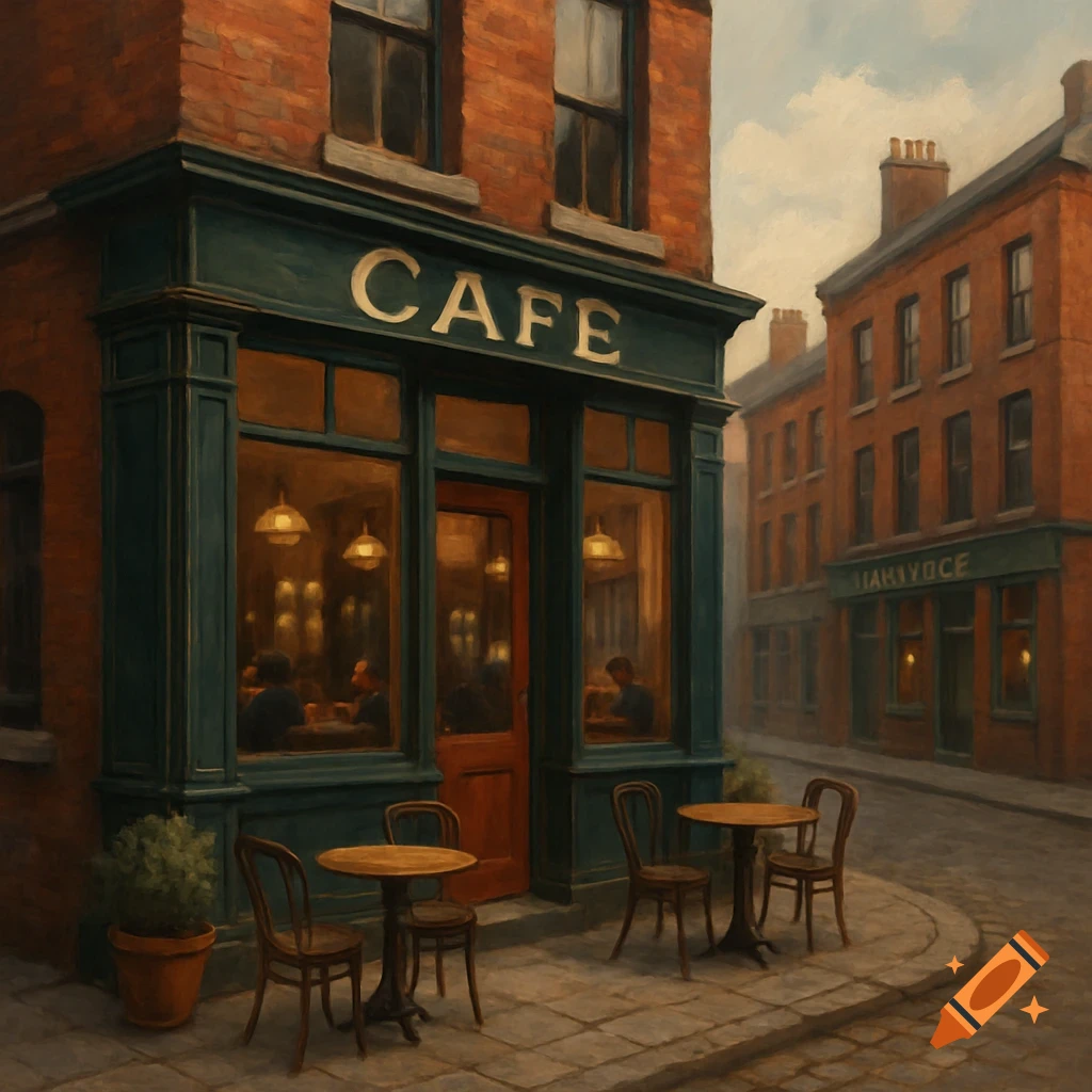 Painterly style illustration of a cafe building with tables and chairs outside on a cobblestone street.