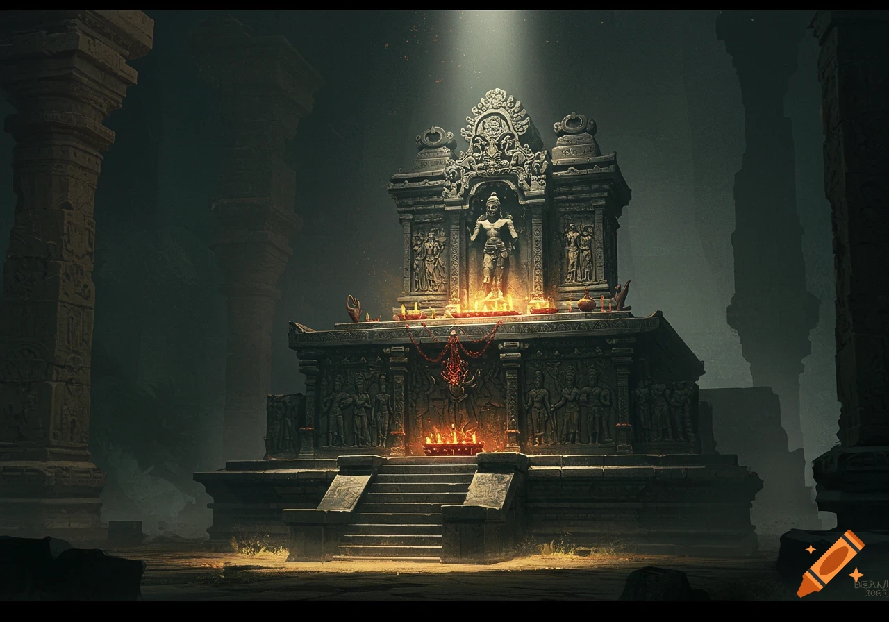 Ancient stone altar or temple structure with statues and candles, lit by a spotlight in a dark, atmospheric setting.
