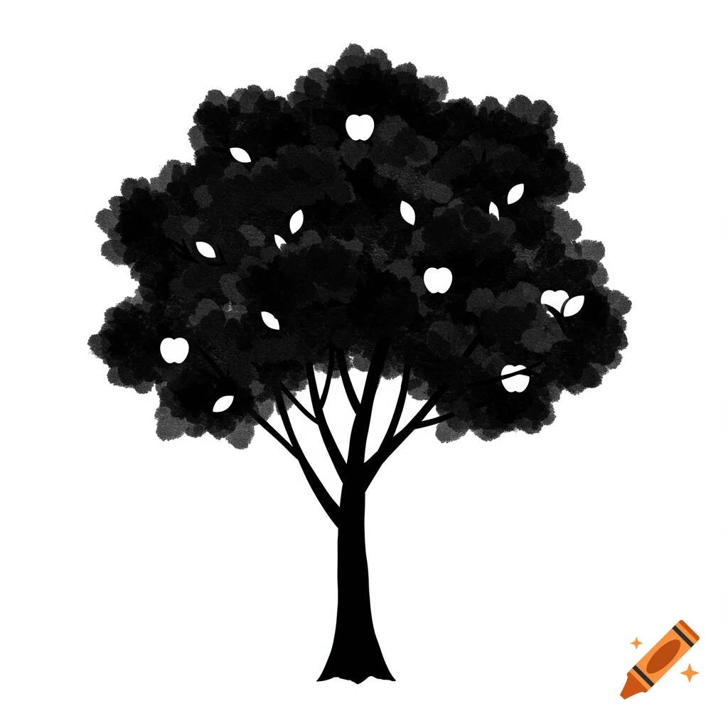 Simple black silhouette of an apple tree with white apples against a white background, illustration style.