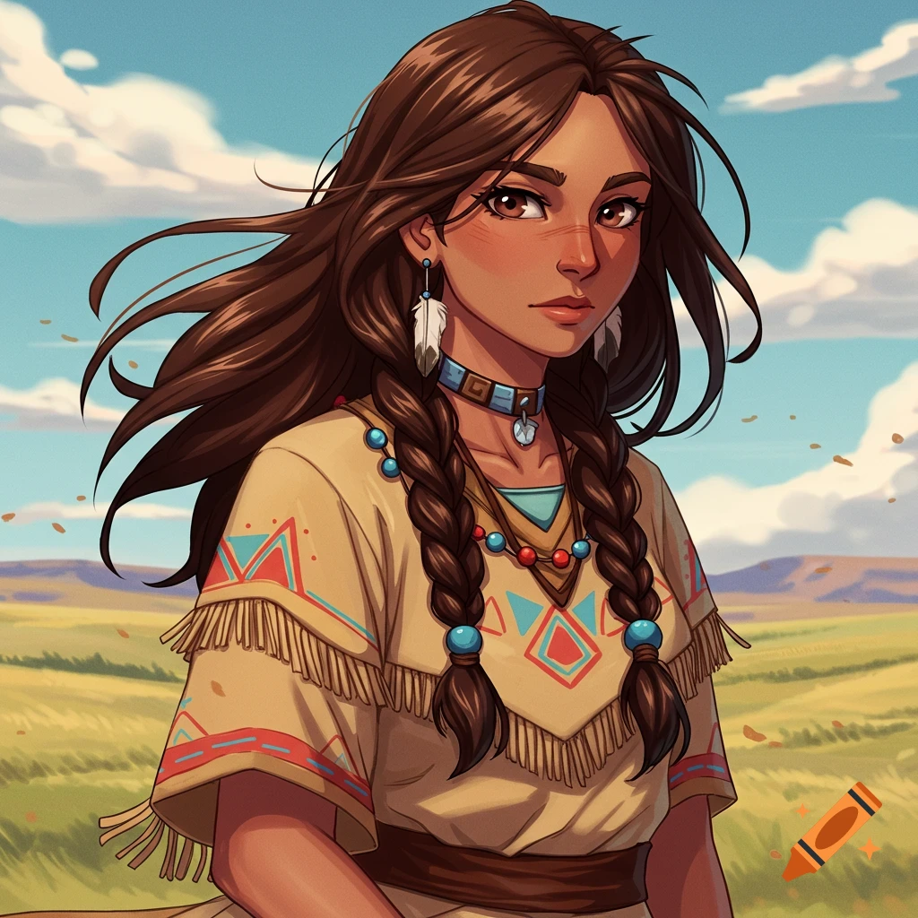 Anime style portrait of a young Native American woman in traditional dress standing in a field.