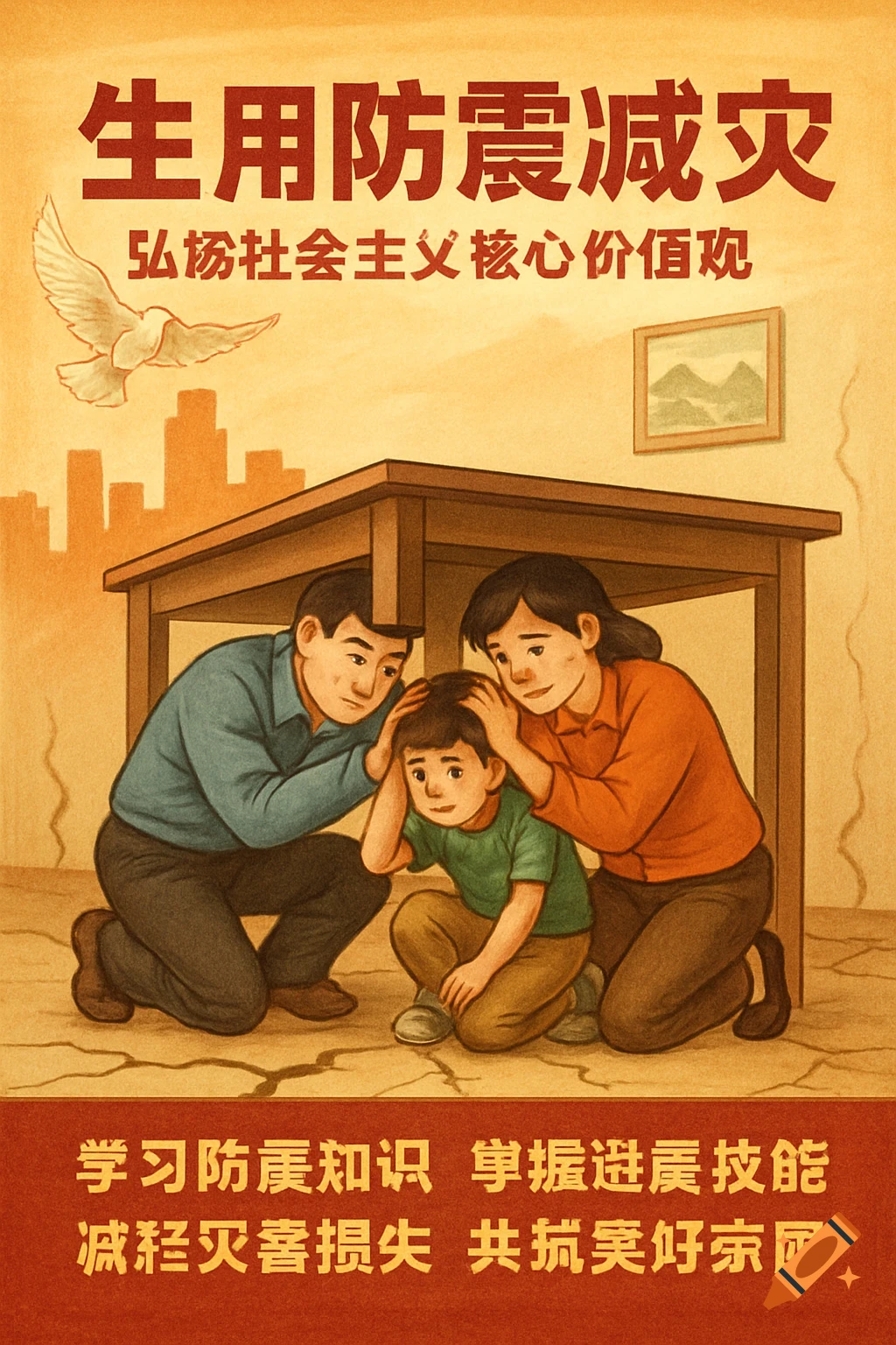 Family hides under table in earthquake drill propaganda poster.