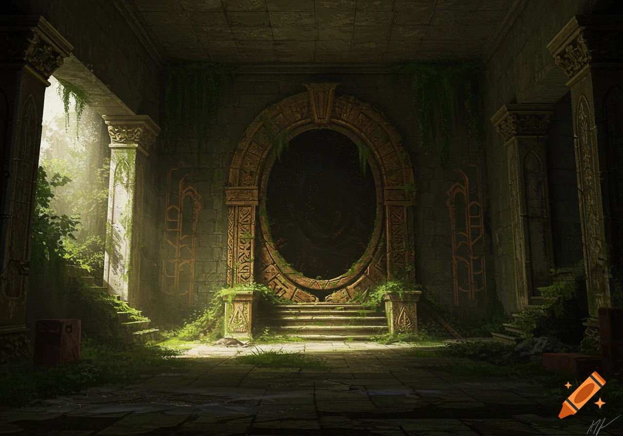 Ancient ruins with a large, dark portal in a stone archway, overgrown with moss and vines, dimly lit.