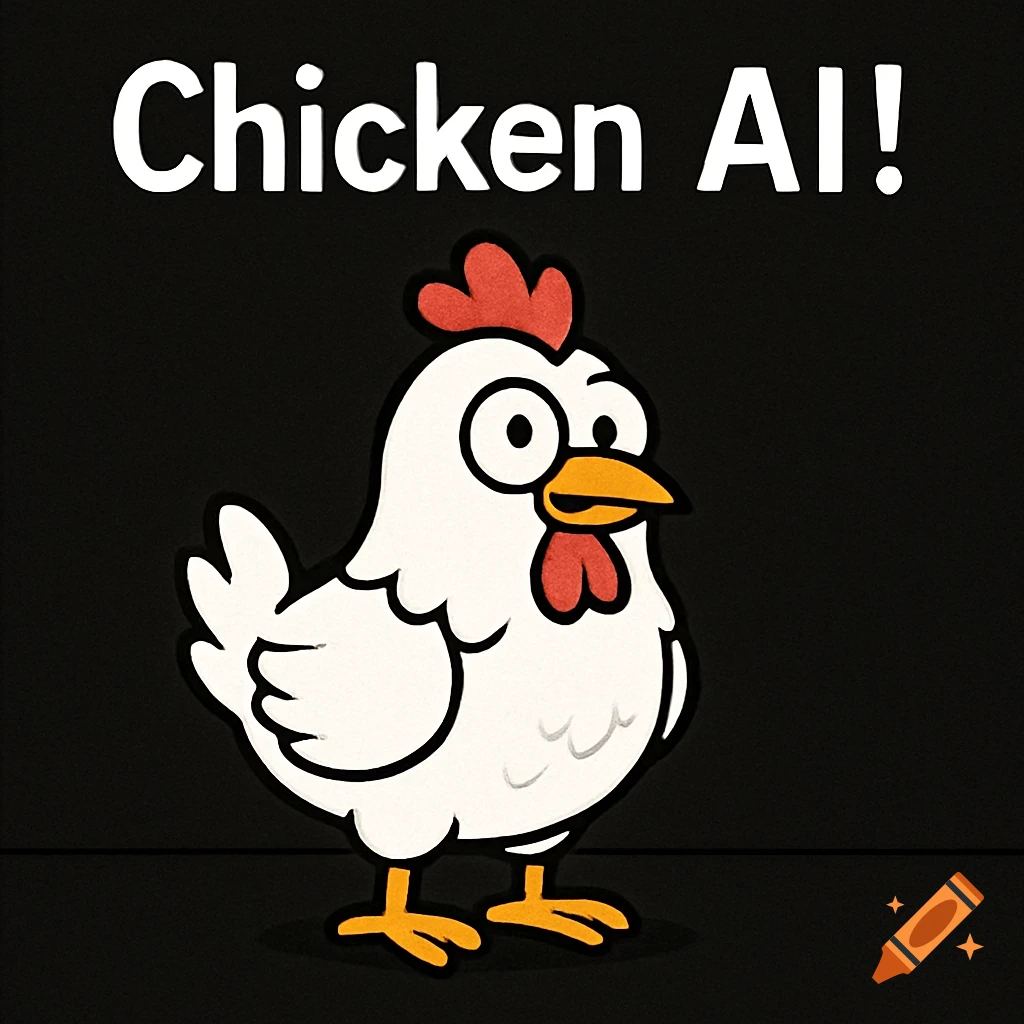 A cartoon chicken standing below the words "Chicken AI!" on a black background.