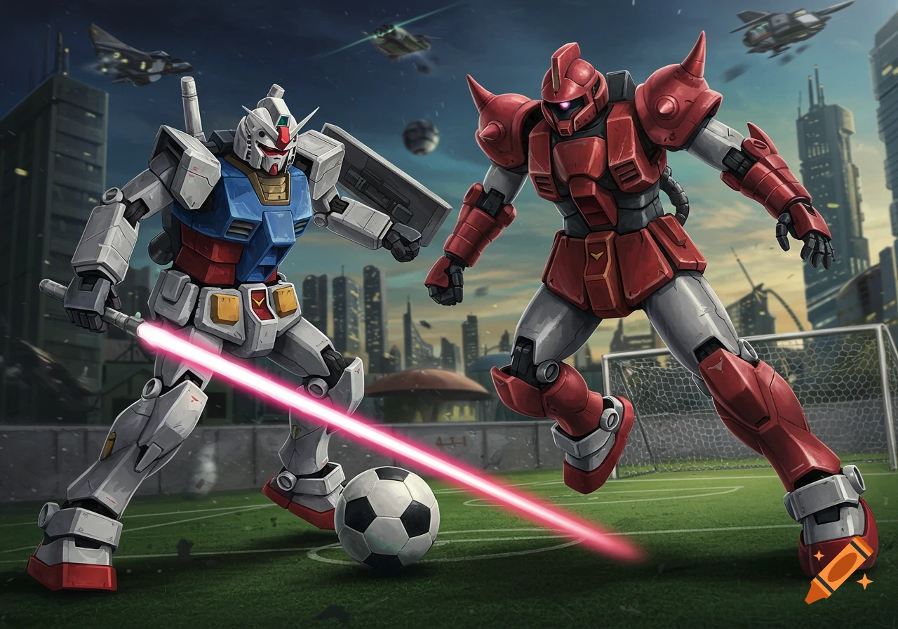 Anime robots (Gundam and Zaku types) play soccer on a field. One deflects the ball with a beam saber.