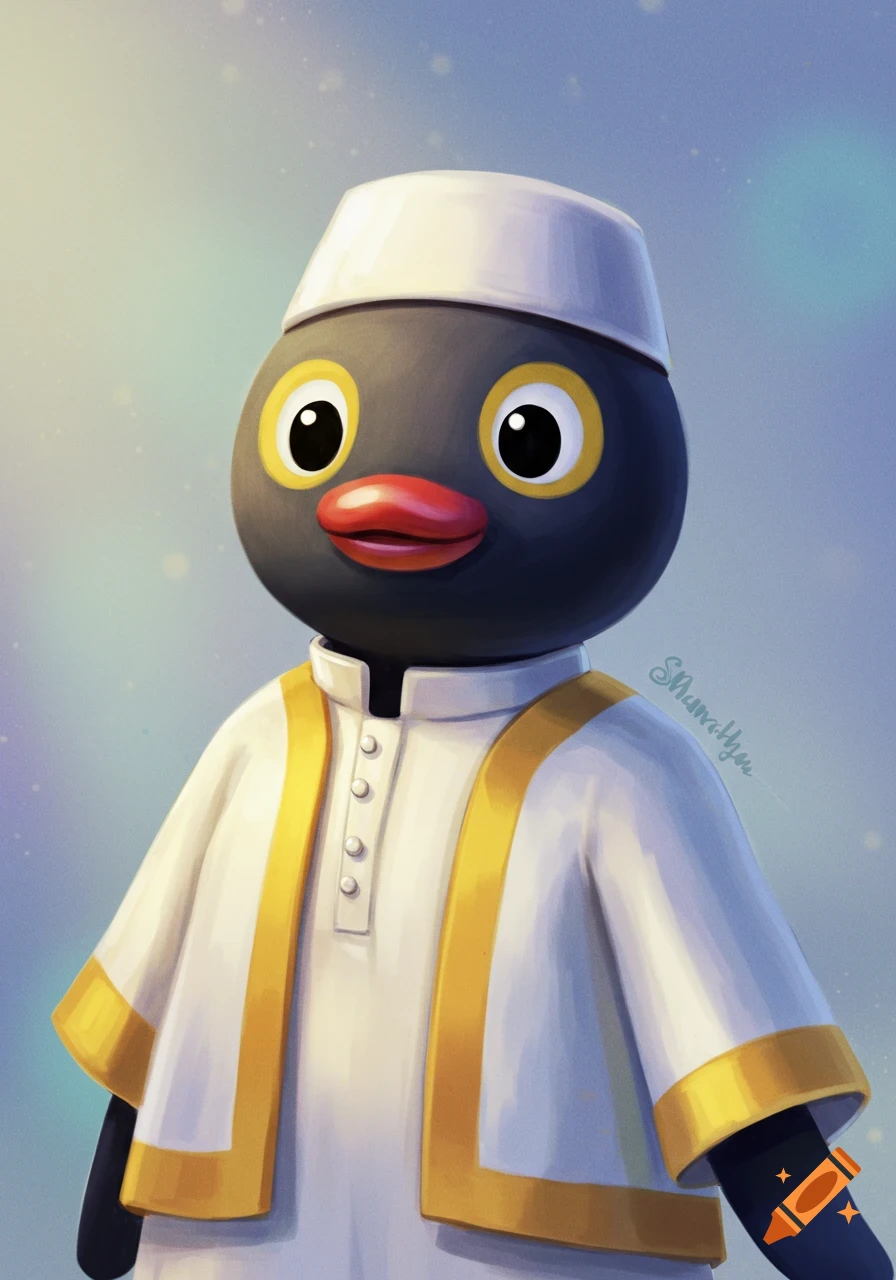 Digital painting of the cartoon character Pingu wearing a white cap and robe with yellow trim.