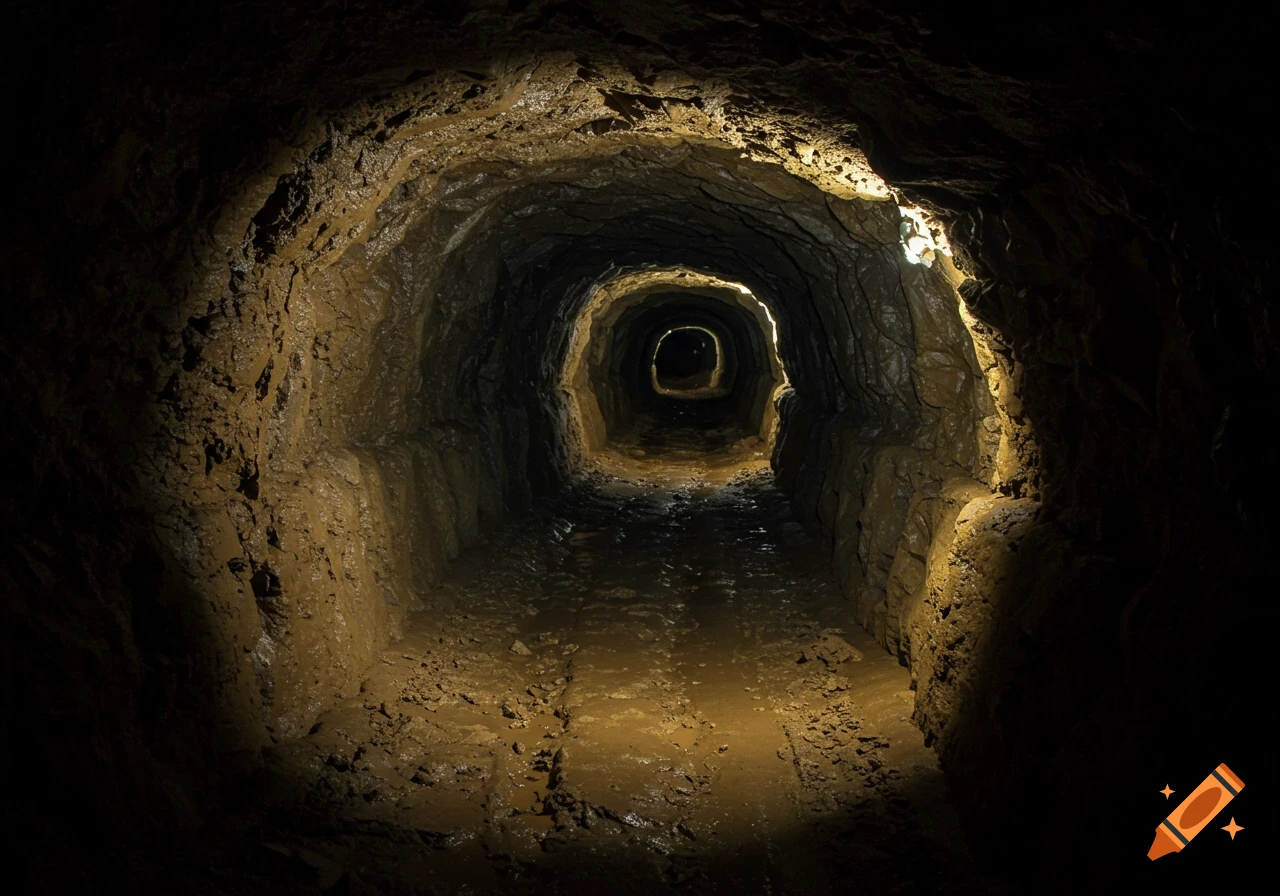 Dark, muddy underground tunnel or cave lit from behind.