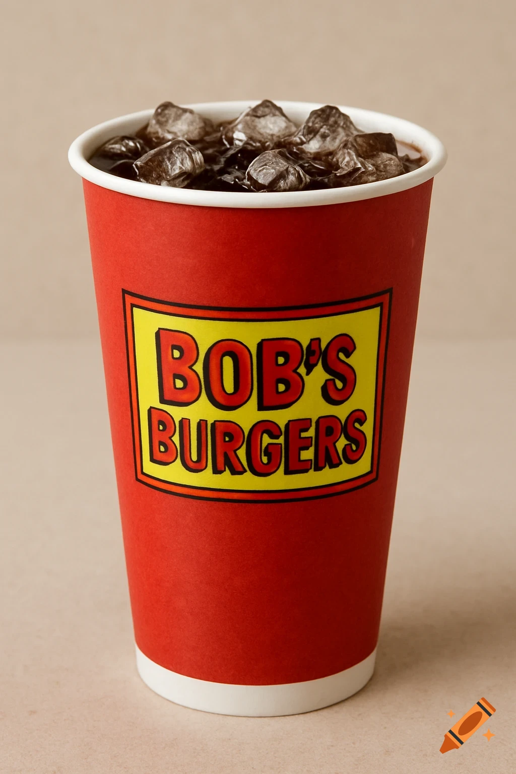 A red paper cup with a yellow label saying 'BOB'S BURGERS' filled with dark liquid and ice.