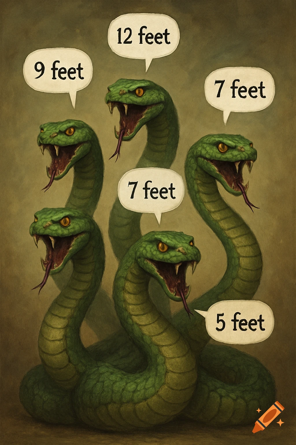 Five green snake heads with speech bubbles stating lengths in feet, in an illustrative style.