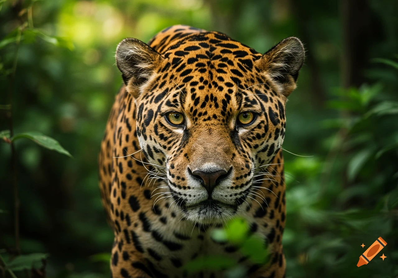 Close-up of a jaguar looking directly at the camera in a forest.