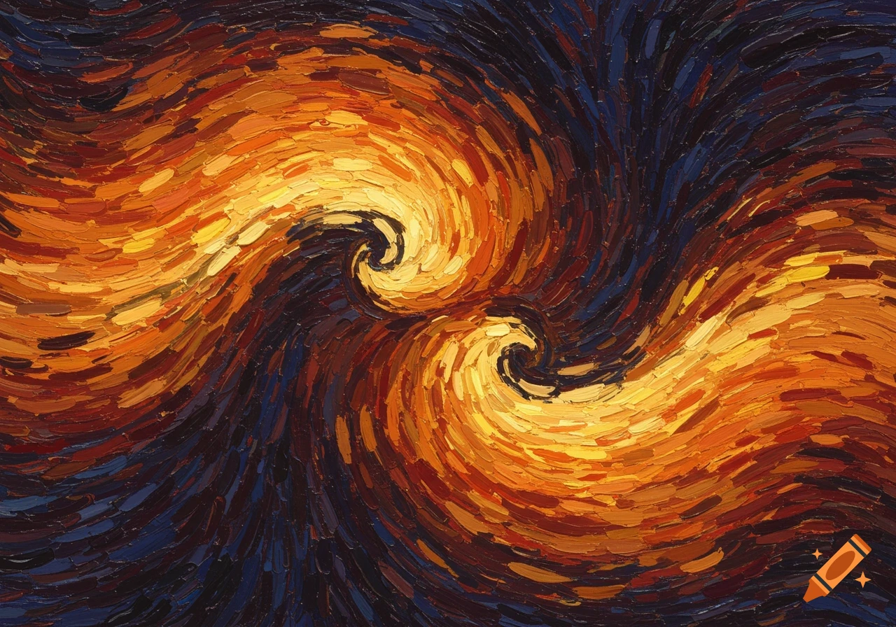 Abstract painting in Van Gogh style with swirling orange and blue brushstrokes