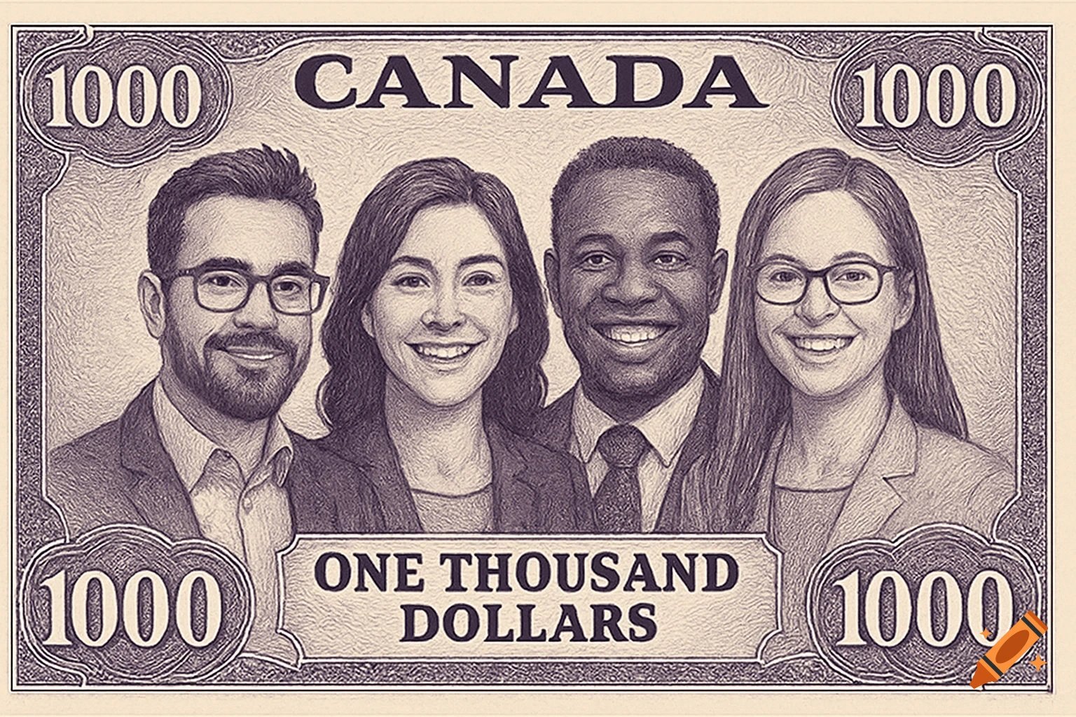 Sketch-style Canadian 1000 dollar bill featuring four smiling people