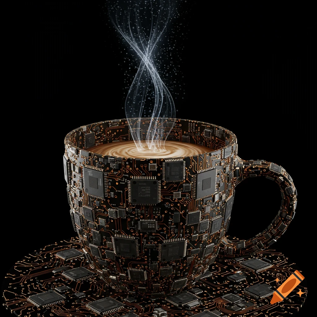 A coffee cup and saucer made from computer circuit boards and chips, with steam rising from the coffee.
