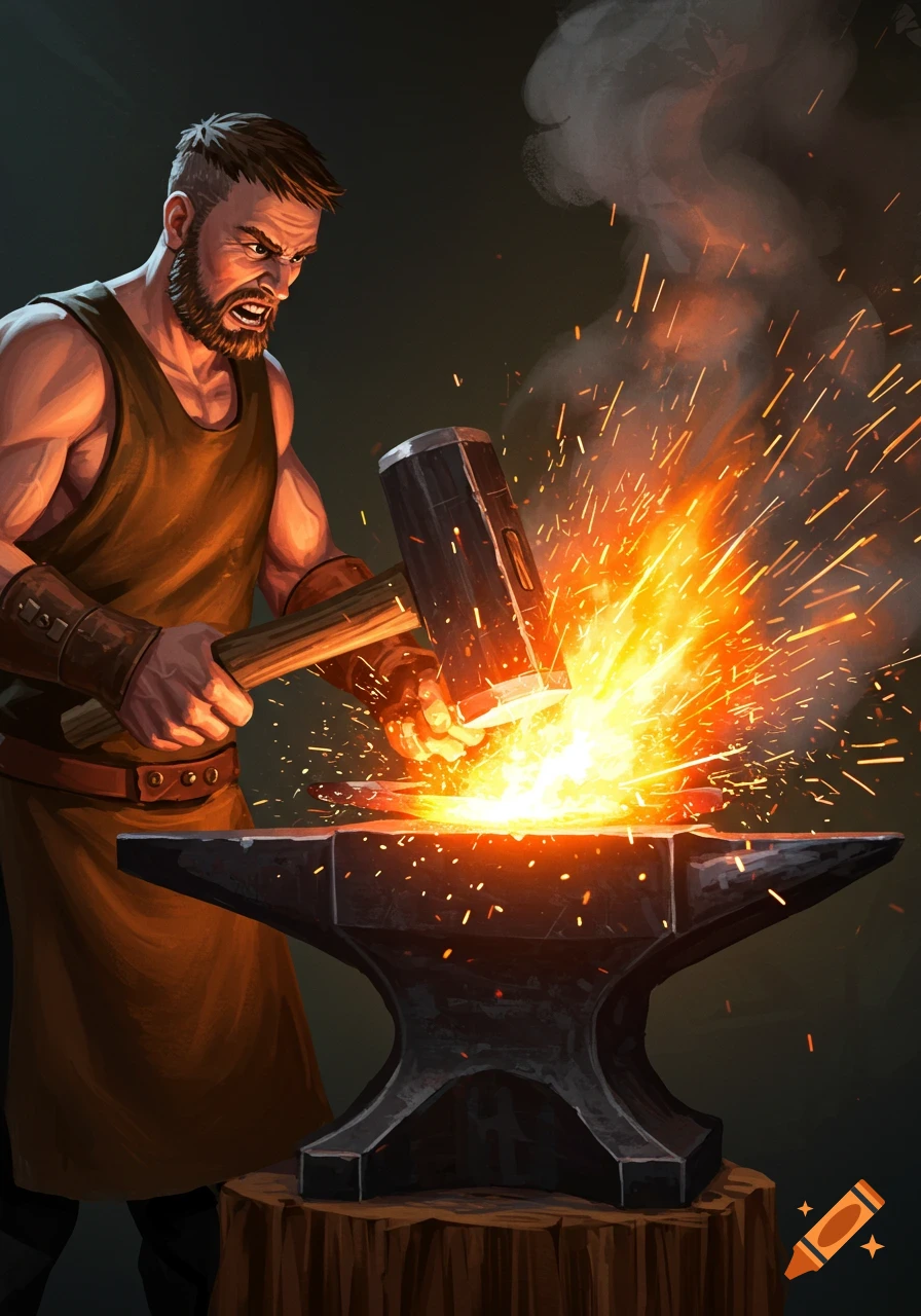 Illustration of a blacksmith hammering an anvil with sparks flying