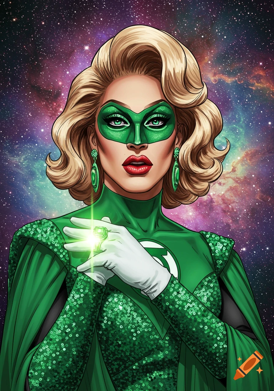 Person in drag as Green Lantern with sequined suit and glowing ring against a cosmic background.