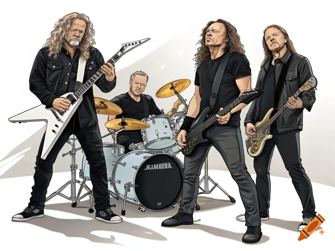Illustration of four musicians resembling the band Metallica playing guitar, bass, and drums.
