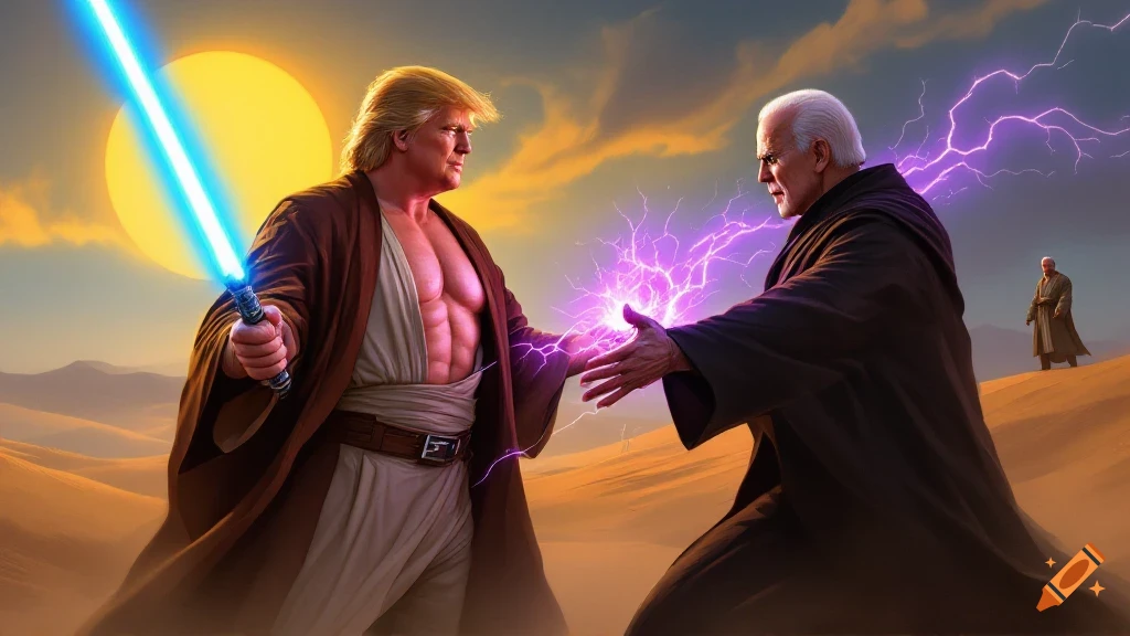 Donald Trump as a Jedi duels Joe Biden as a Sith with force lightning in a desert.