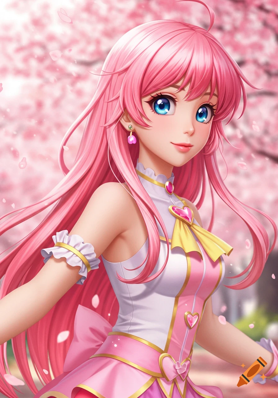 Anime girl with pink hair and blue eyes in a pink dress among cherry blossoms.