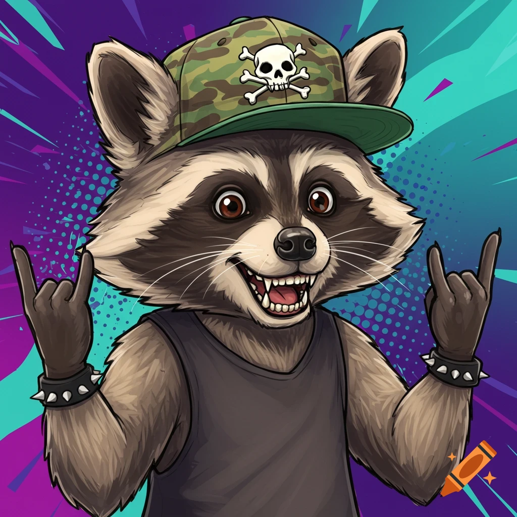 Cartoon raccoon wearing a camo hat with skull and crossbones and tank top doing rock hand gestures