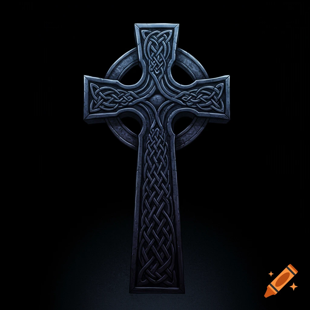 A detailed stone Celtic cross with intricate knotwork against a dark background.