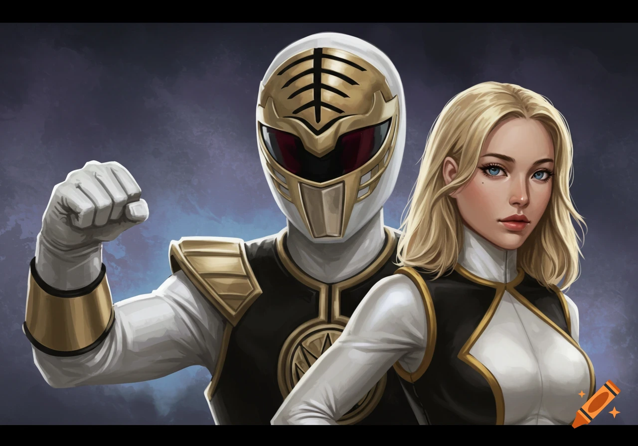 Illustration of a person in a White Power Ranger suit and a woman in a matching white and black outfit.