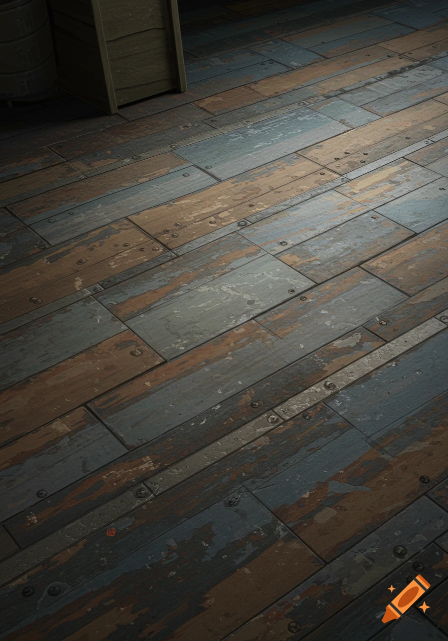 Close-up view of a weathered wooden floor with peeling blue, brown, and grey paint, and visible fasteners.