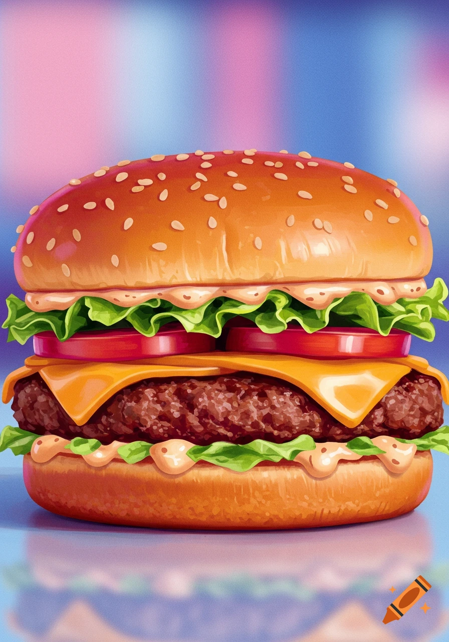 Stylized illustration of a hamburger with cheese, lettuce, and tomato.