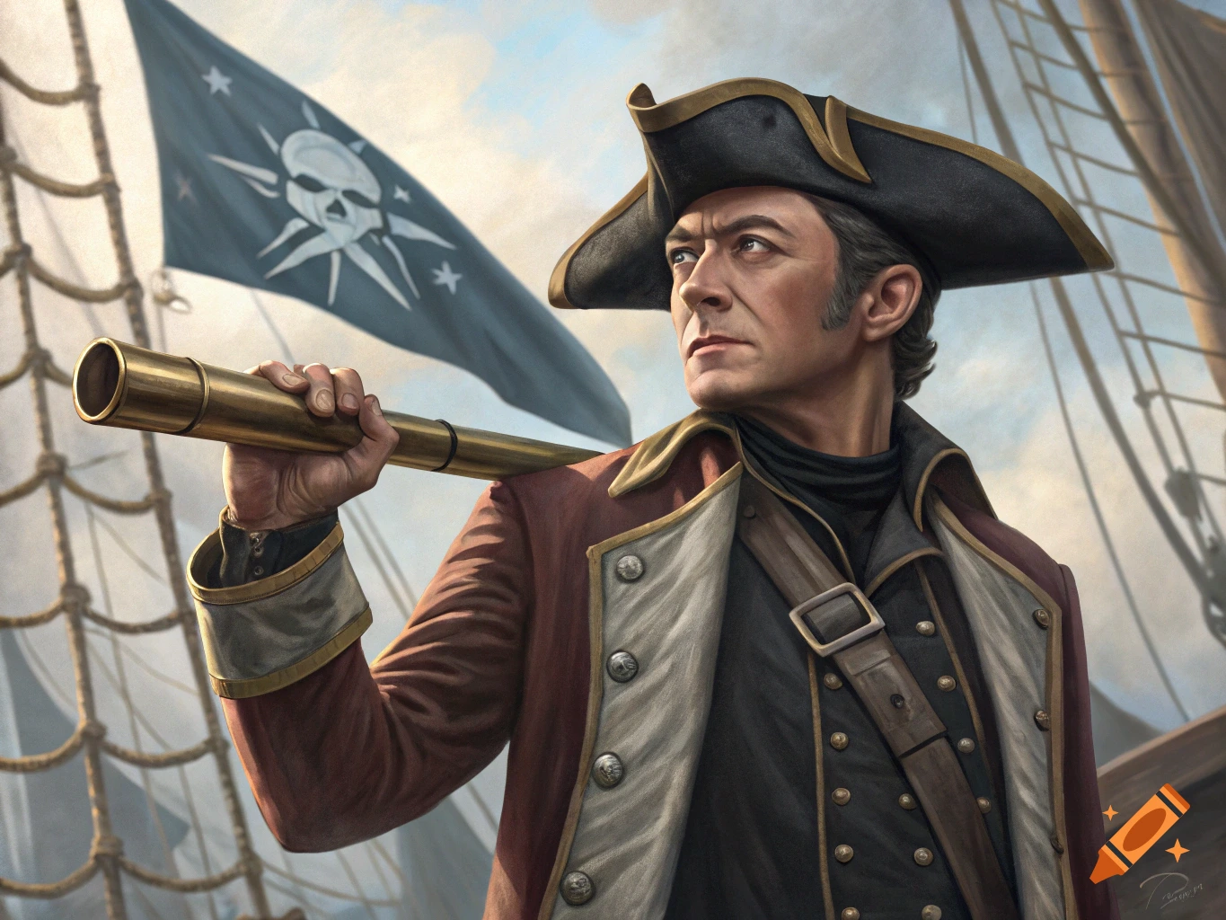 Painting of a pirate captain looking out from a ship