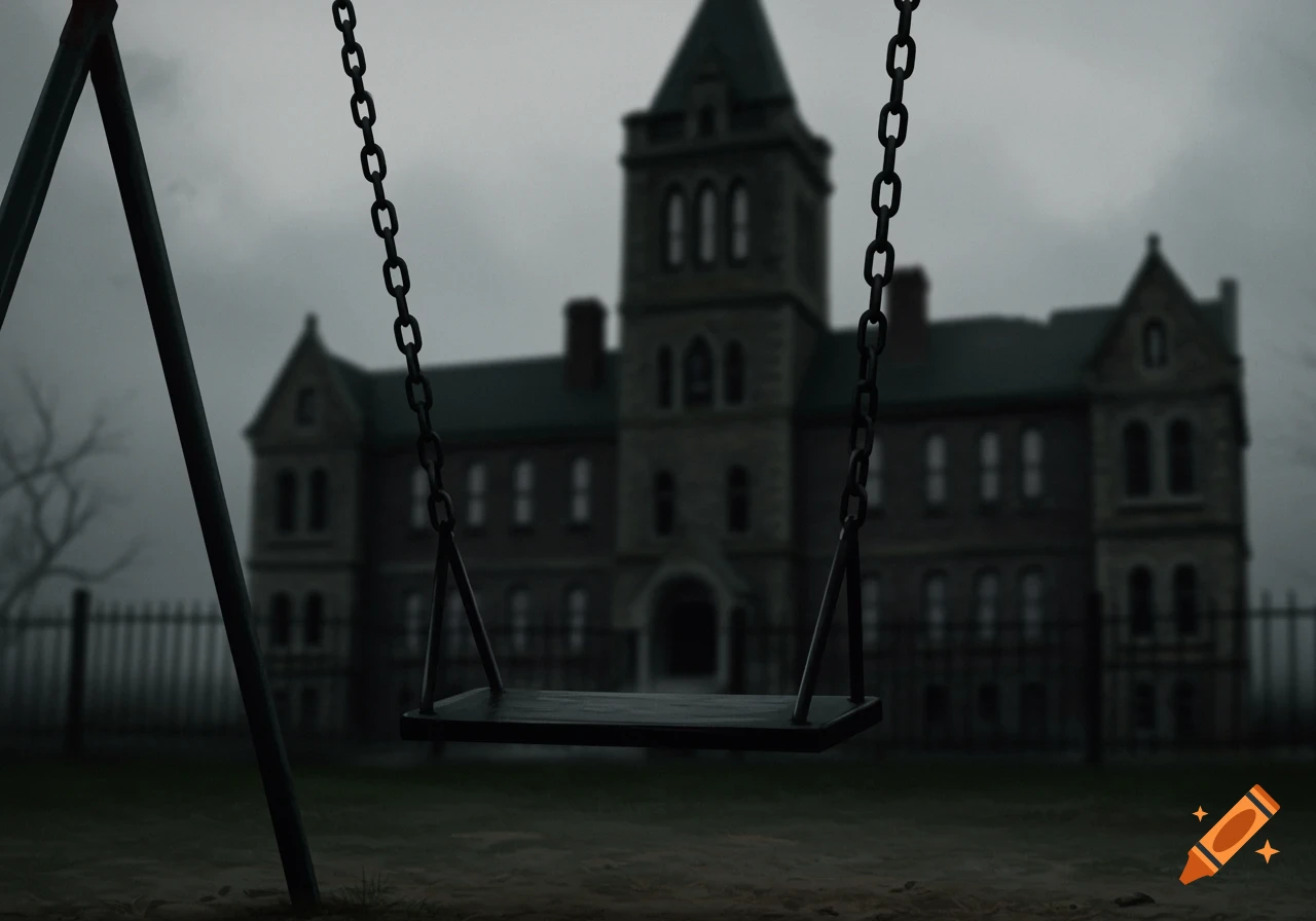 Empty playground swing in foreground, dark blurred old building (orphanage) in background, gloomy mood.