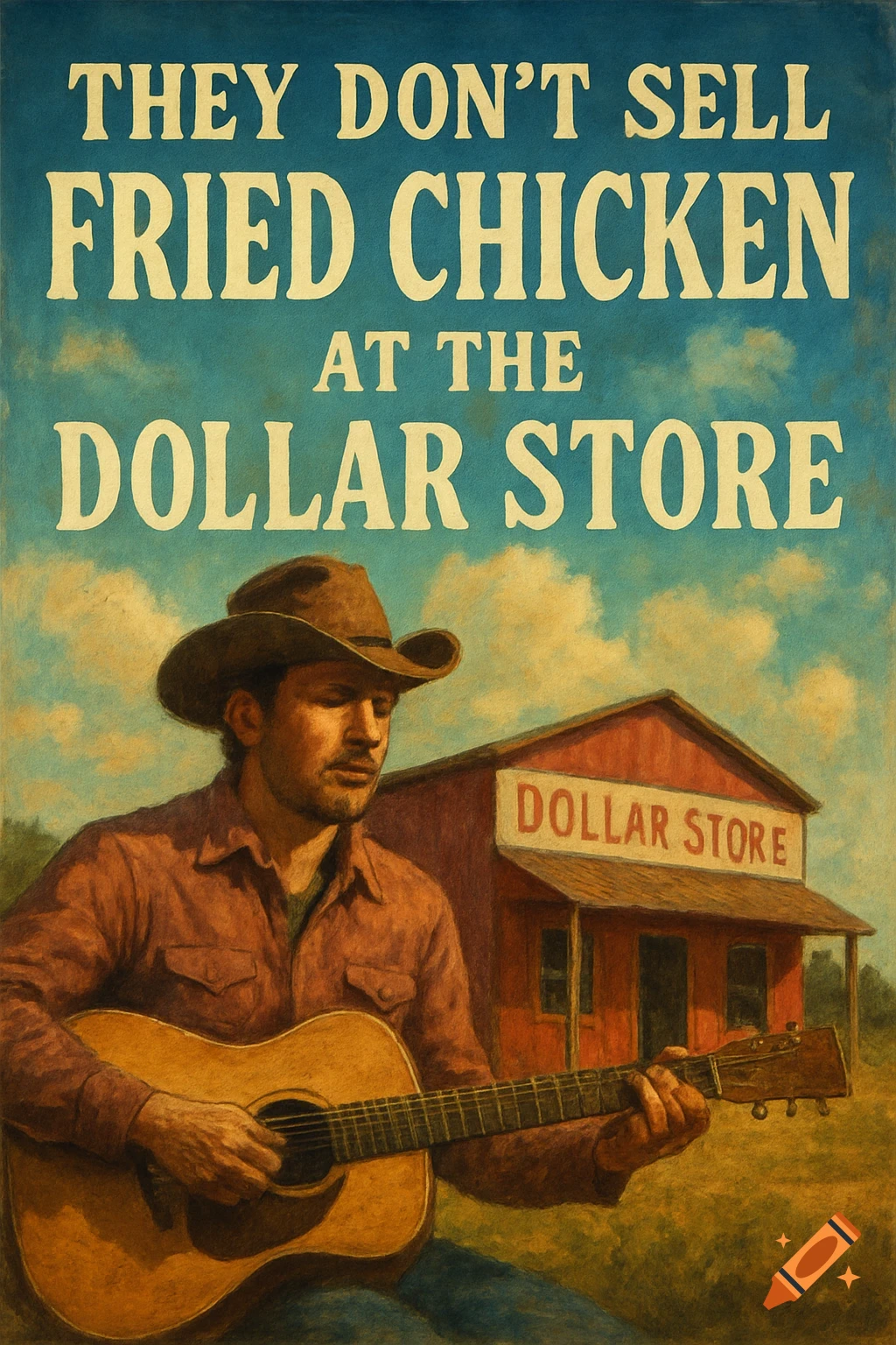 Painting of a cowboy playing guitar in front of a Dollar Store building with text.