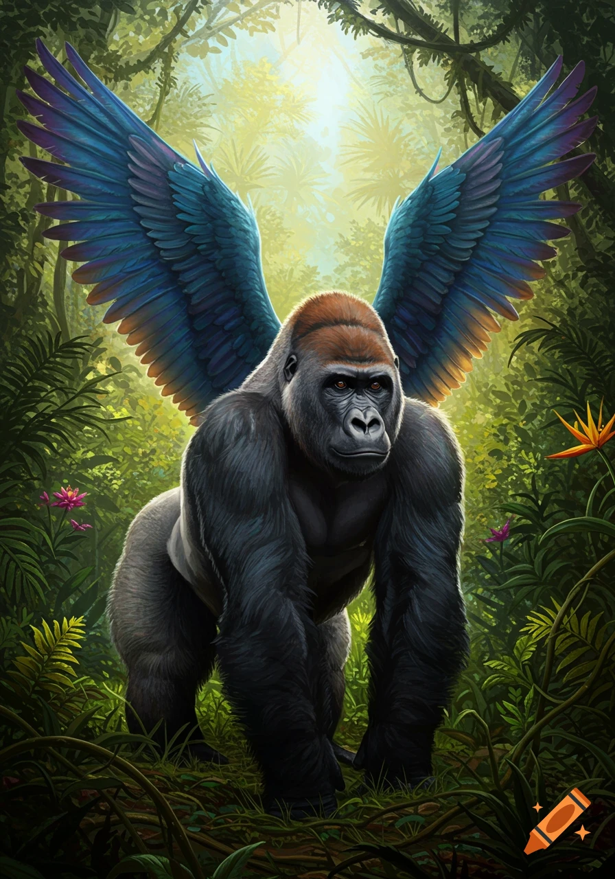 A gorilla with large blue and purple wings stands in a sunlit jungle.