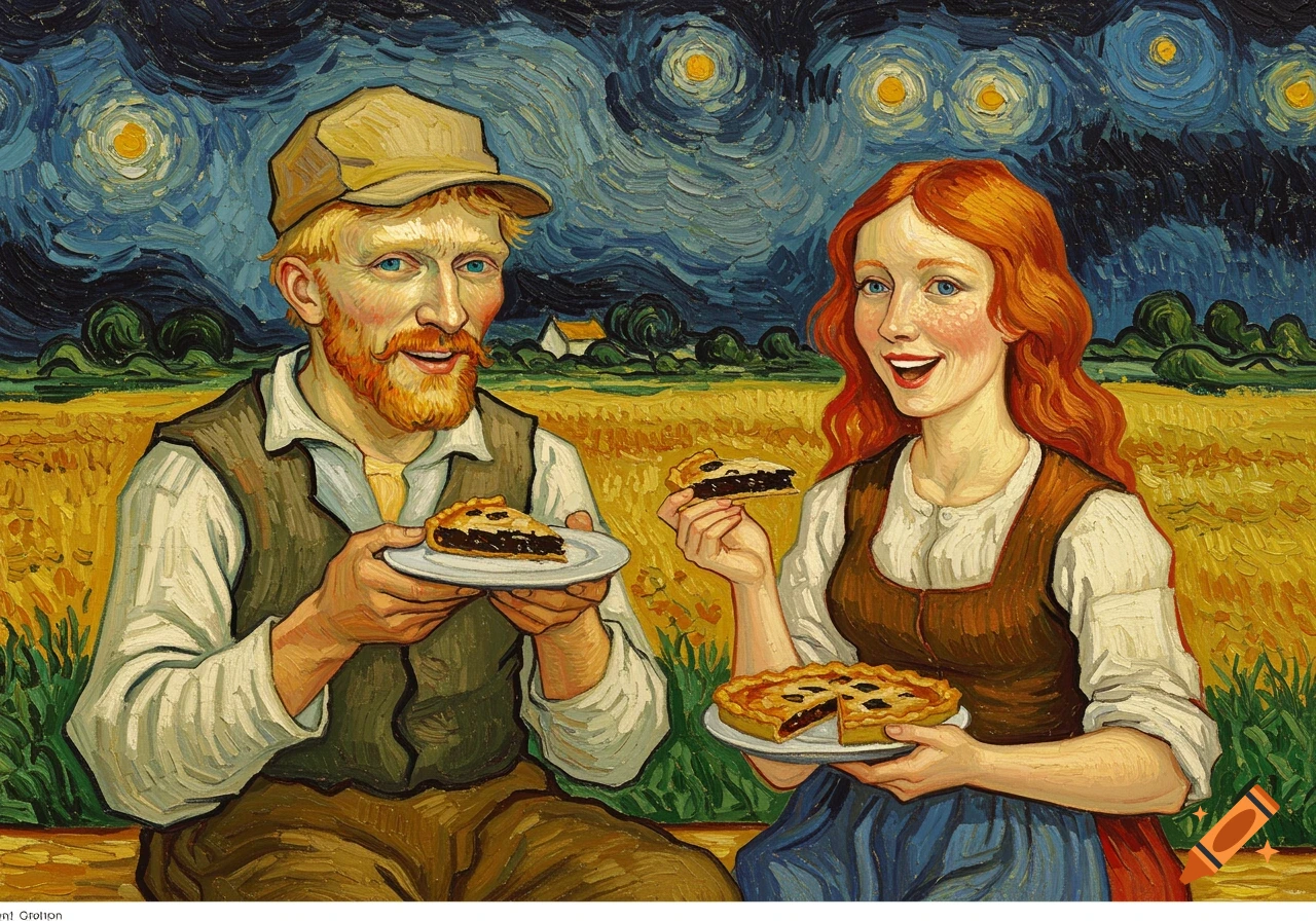 Van Gogh style painting of a man and woman eating pie in a field under a starry sky.