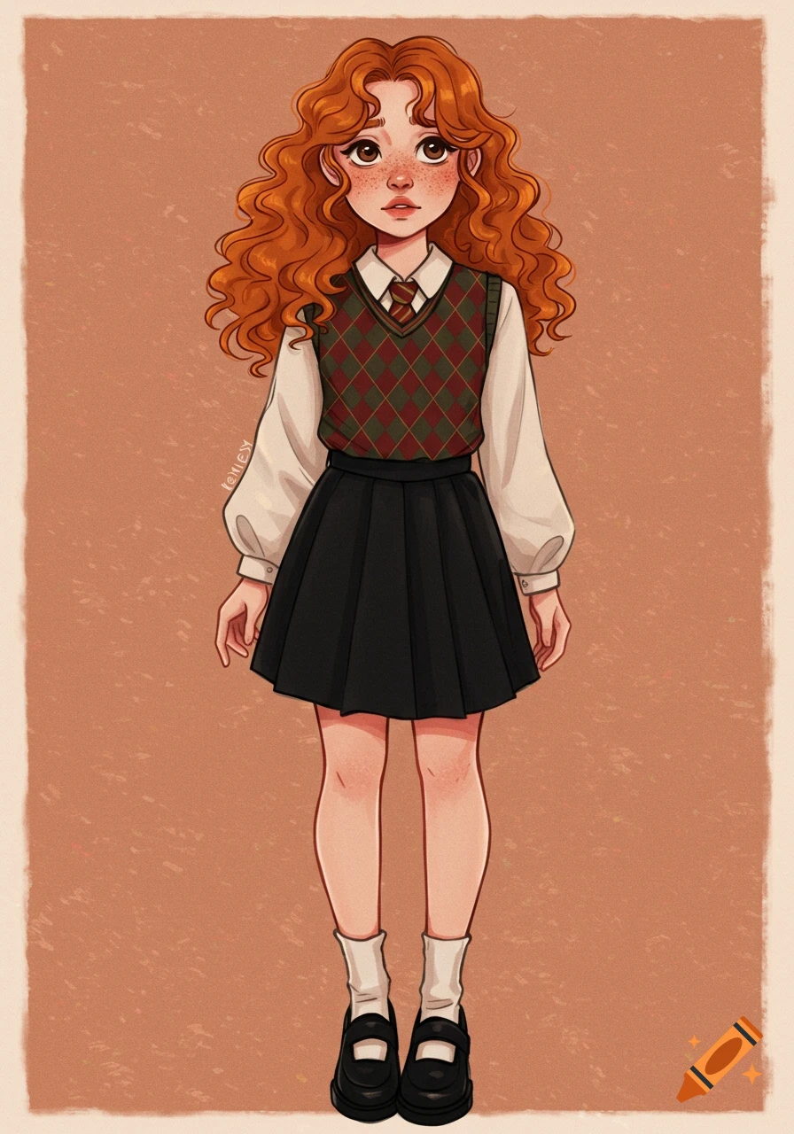 Full body illustration of a girl with curly red hair, freckles, wearing a sweater vest, white shirt, black skirt, white socks, and Mary Jane shoes.