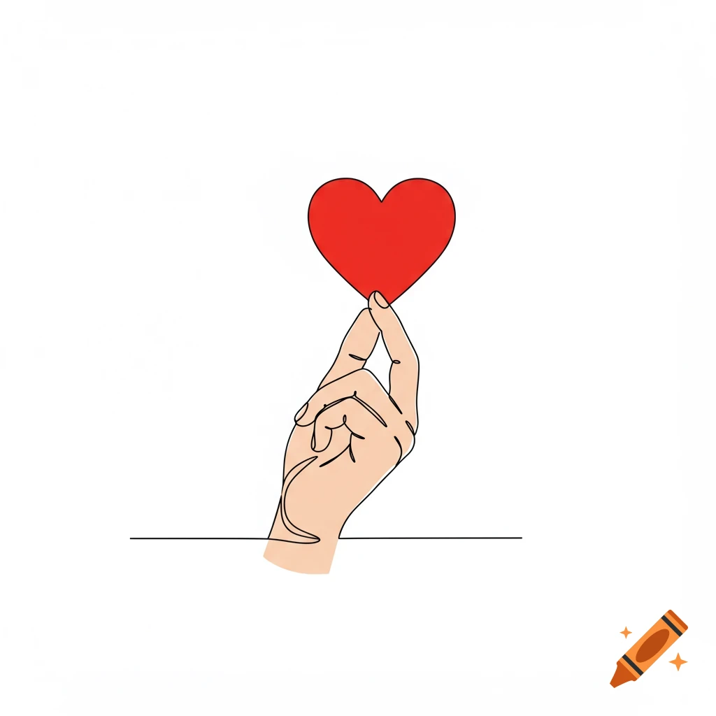 Minimalistic continuous line drawing of a hand holding a red heart