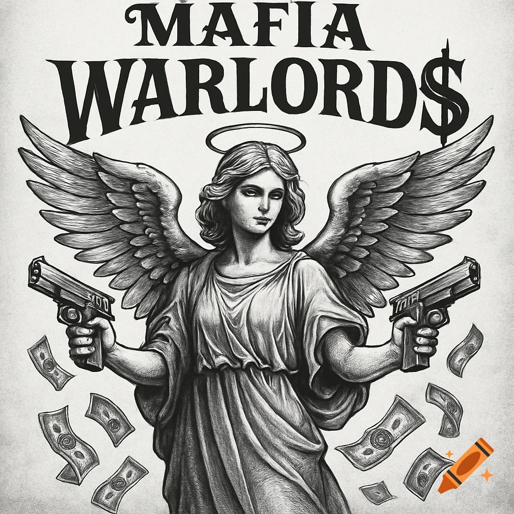 Black and white illustration of an angel with wings holding two guns, with money falling around her. Text at the top reads MAFIA WARLORD$.